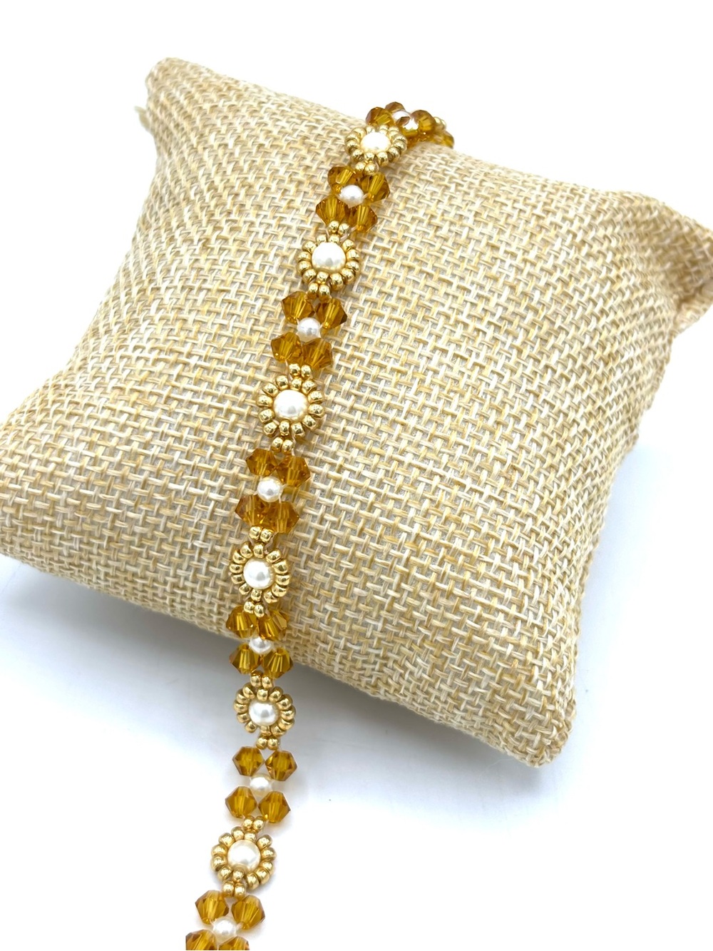 Hand Crafted Gold and Amber Crystal Beaded Women's Bracelet